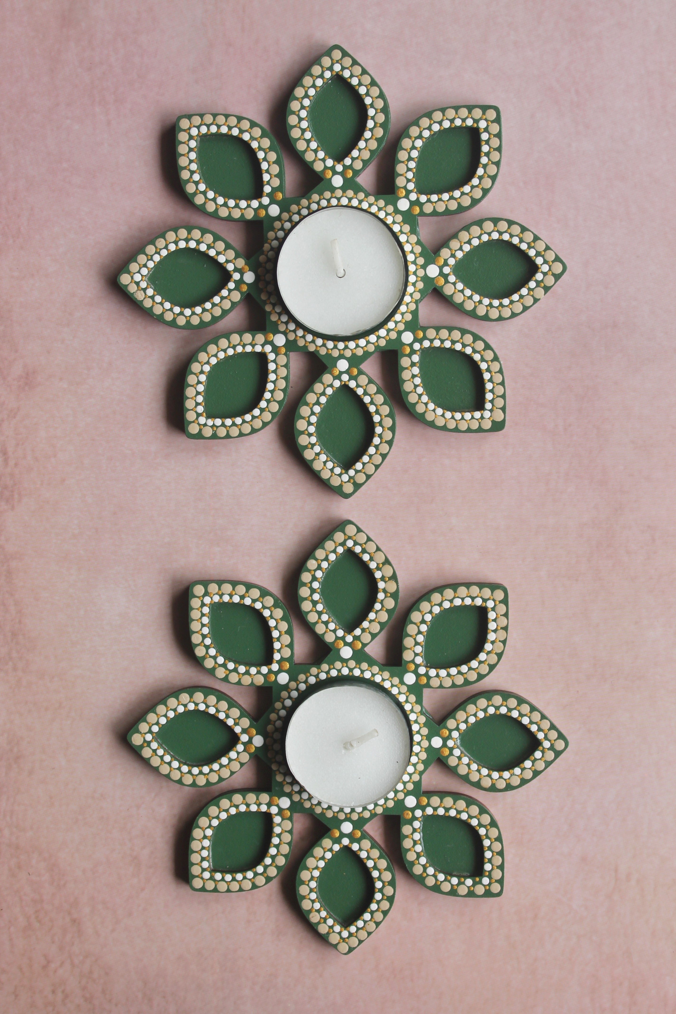 Green leaf hand-painted dot mandala tealight holders