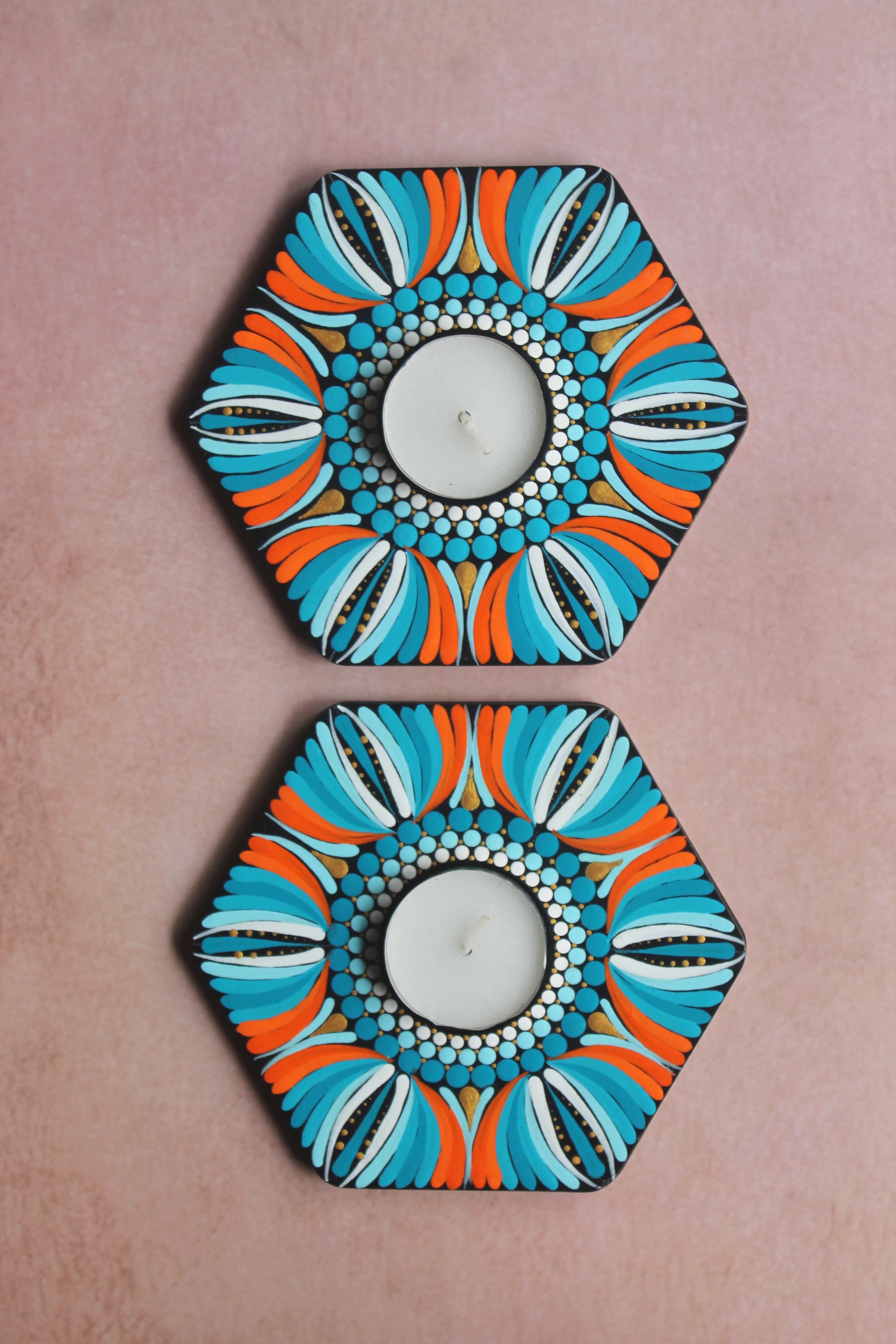 Blue and orange hand-painted hexagon tealight holders