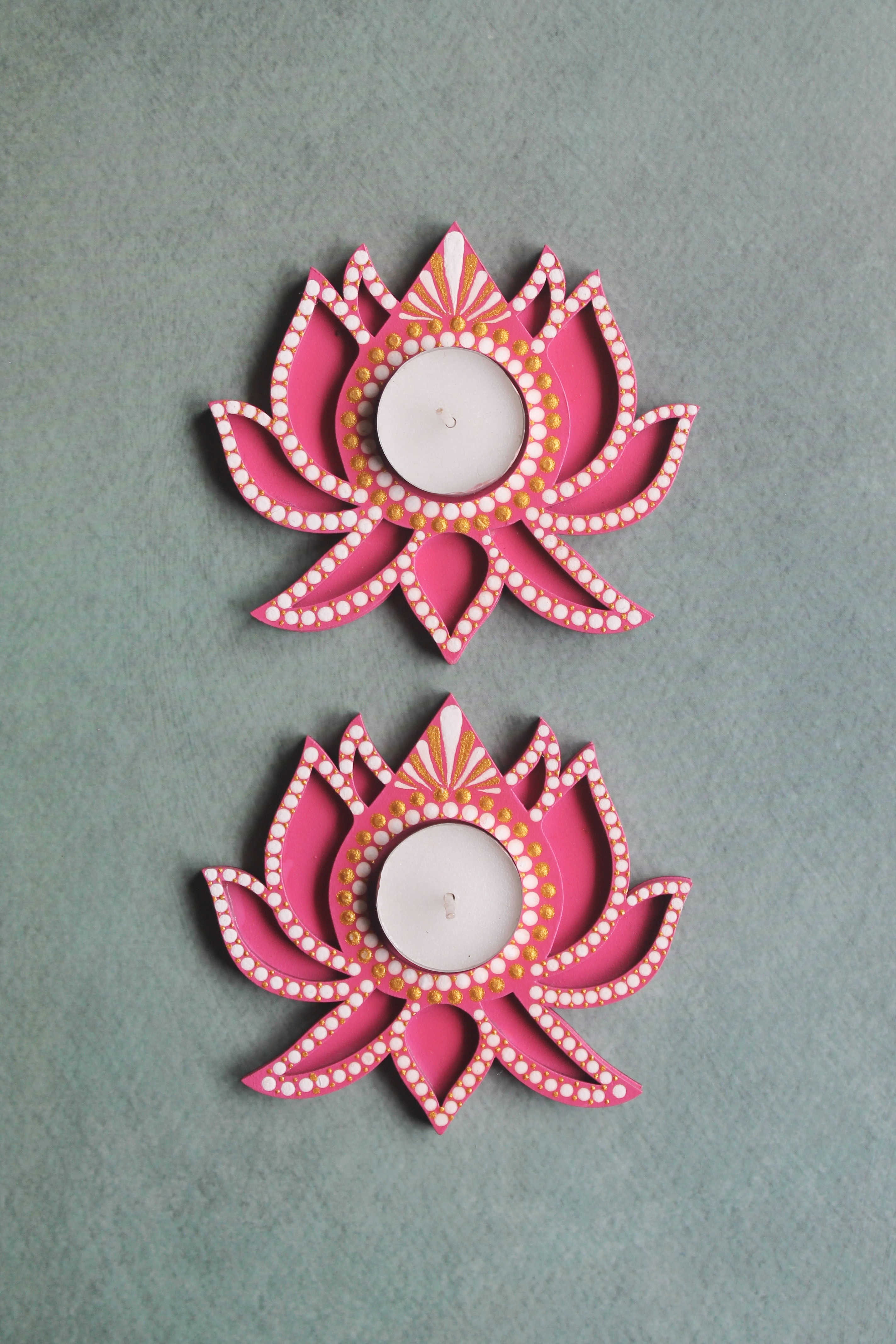 Pink lotus hand-painted dot mandala tealight holders