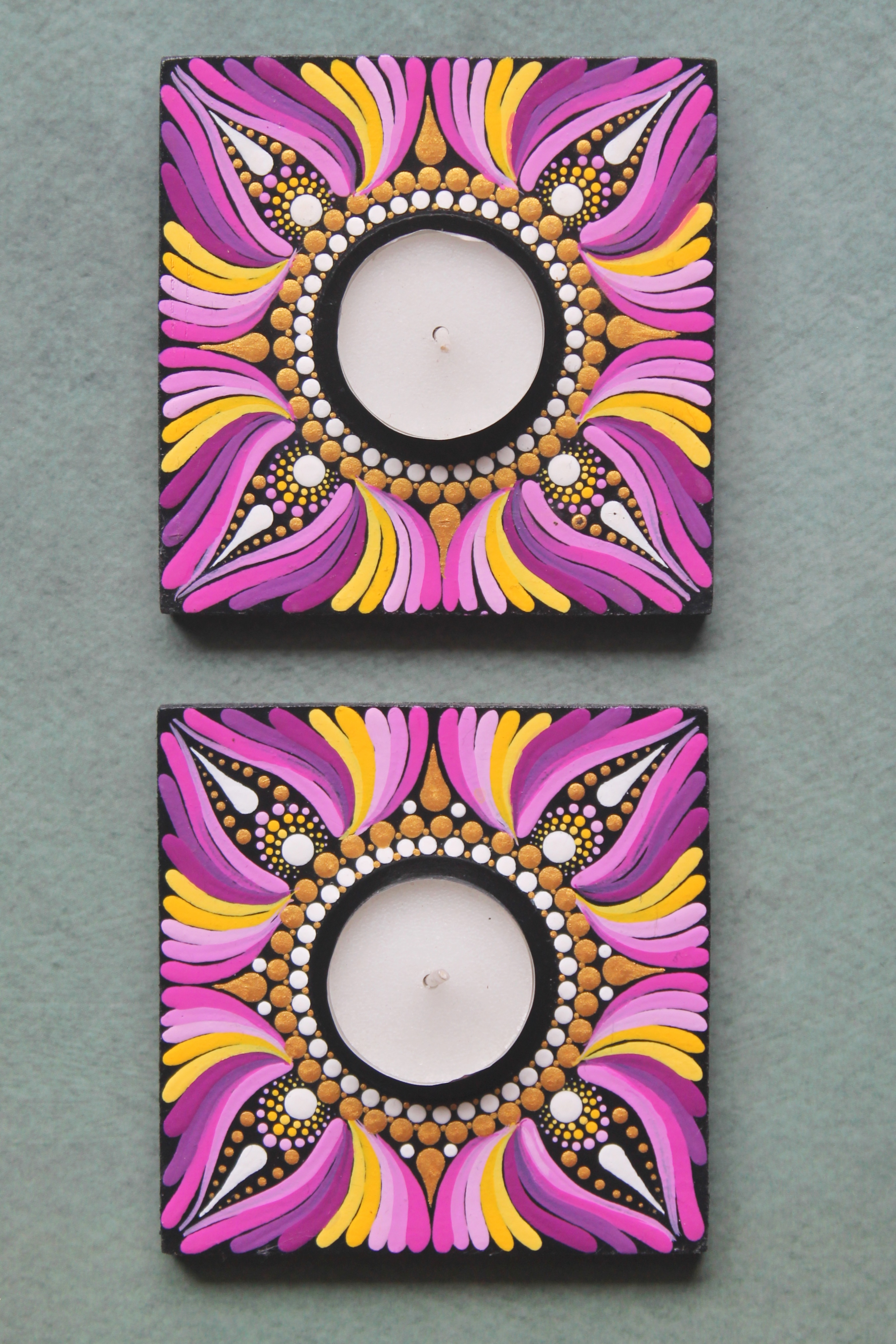 Purple hand-painted dot mandala tealight holders