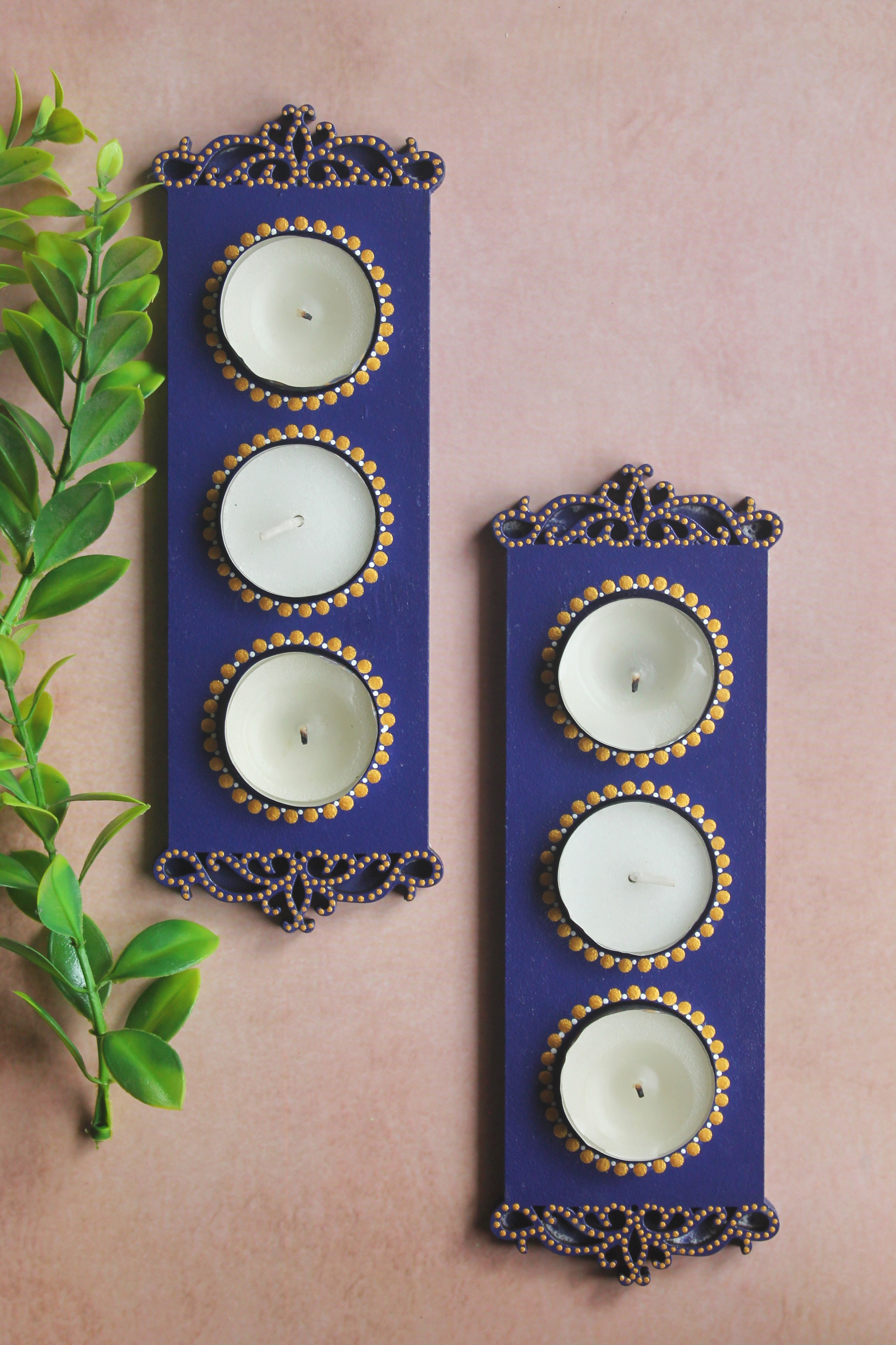 Triple navy hand-painted dot mandala tealight holders