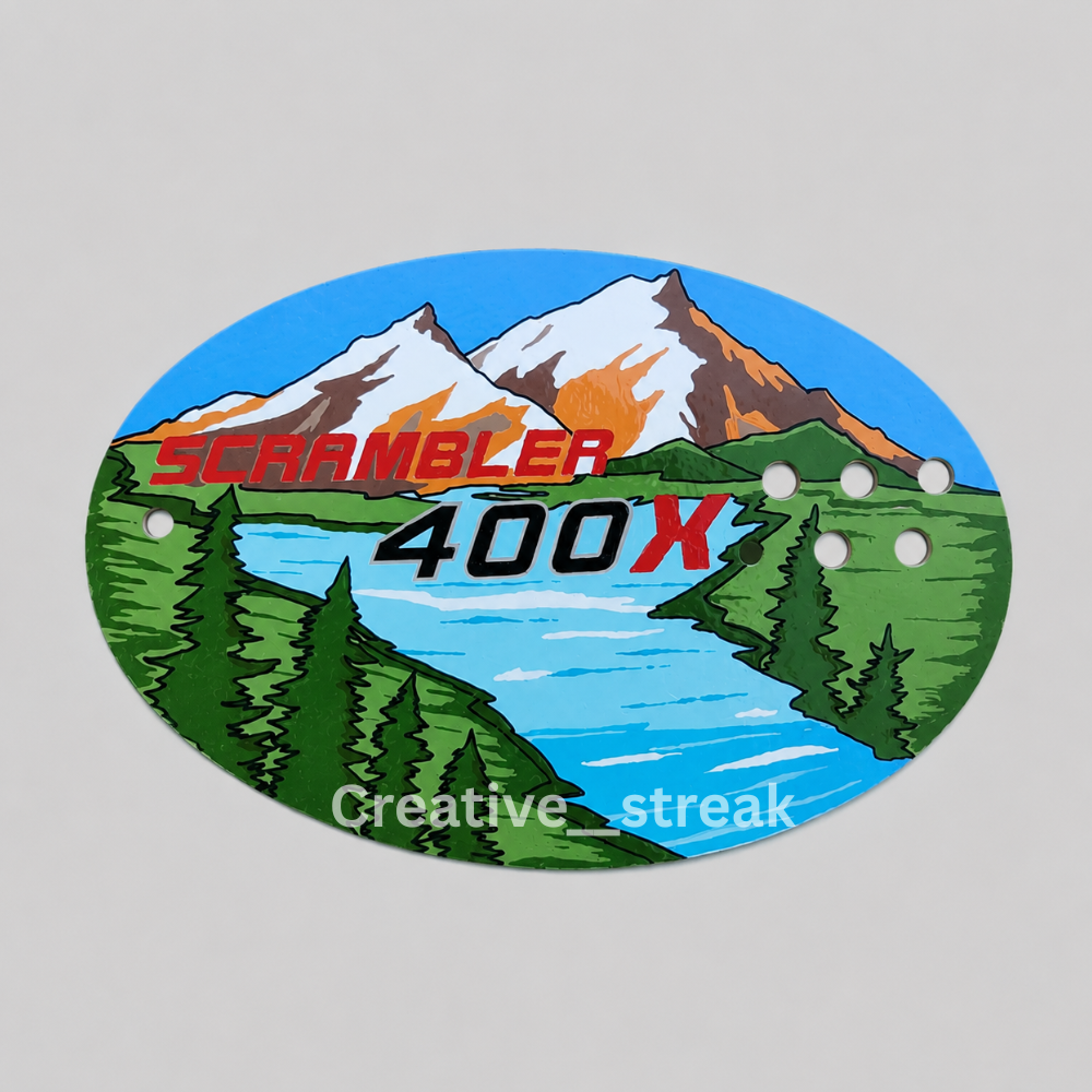 Custom hand-painted Scrambler 400X side panel art