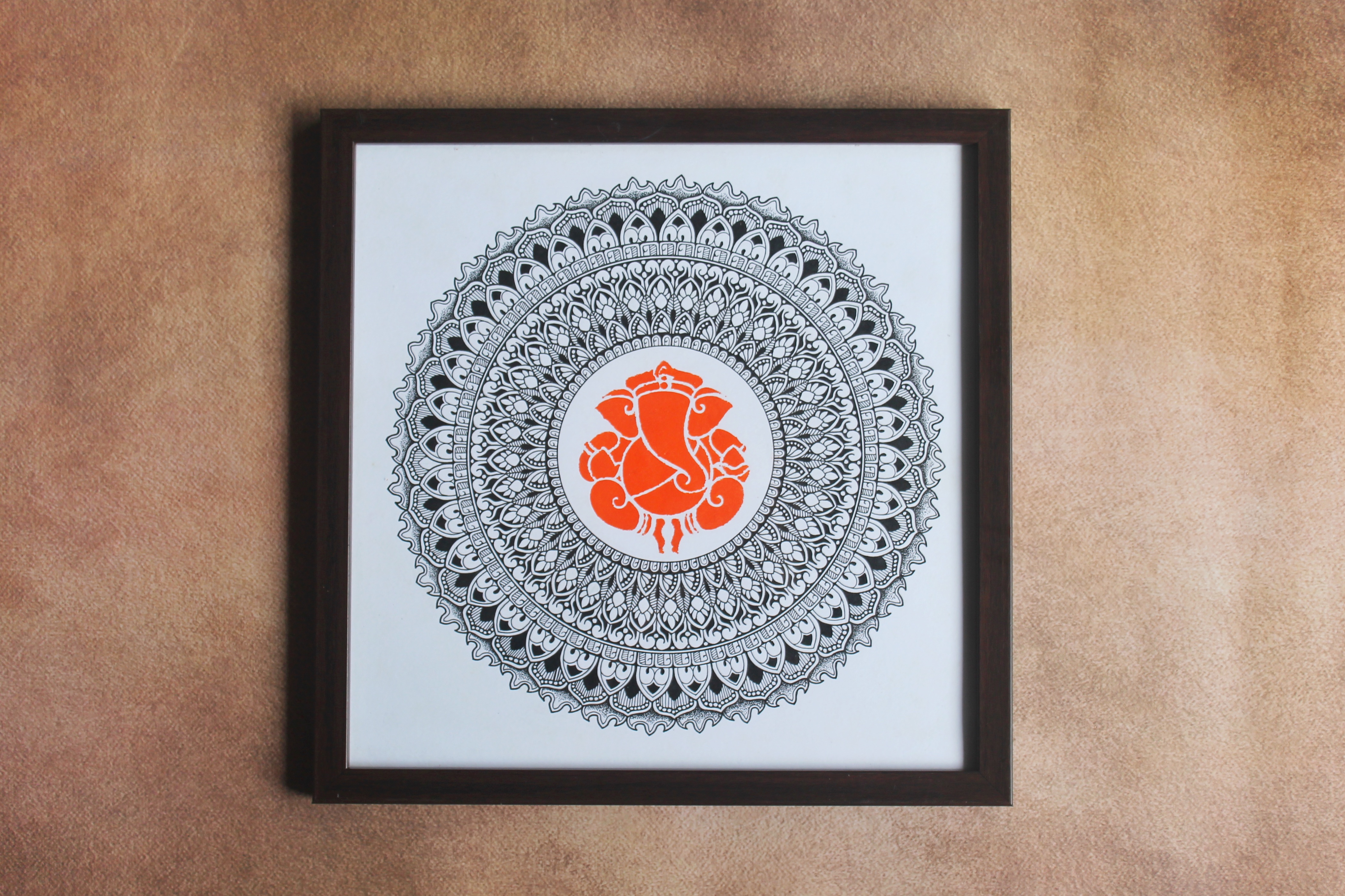 Hand-drawn framed Ganesha mandala wall decor