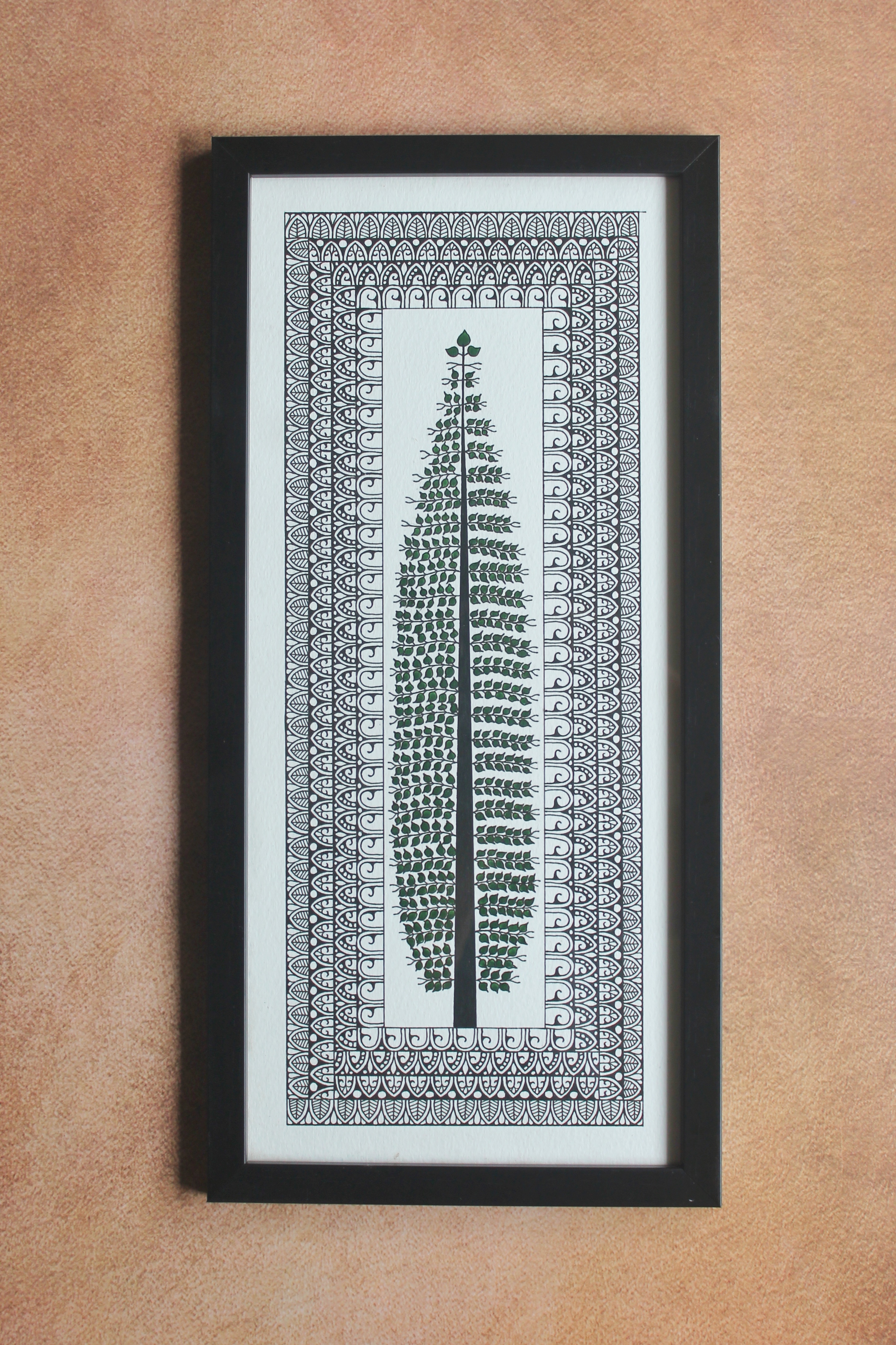 Hand-drawn framed Pattachitra tree mandala wall decor