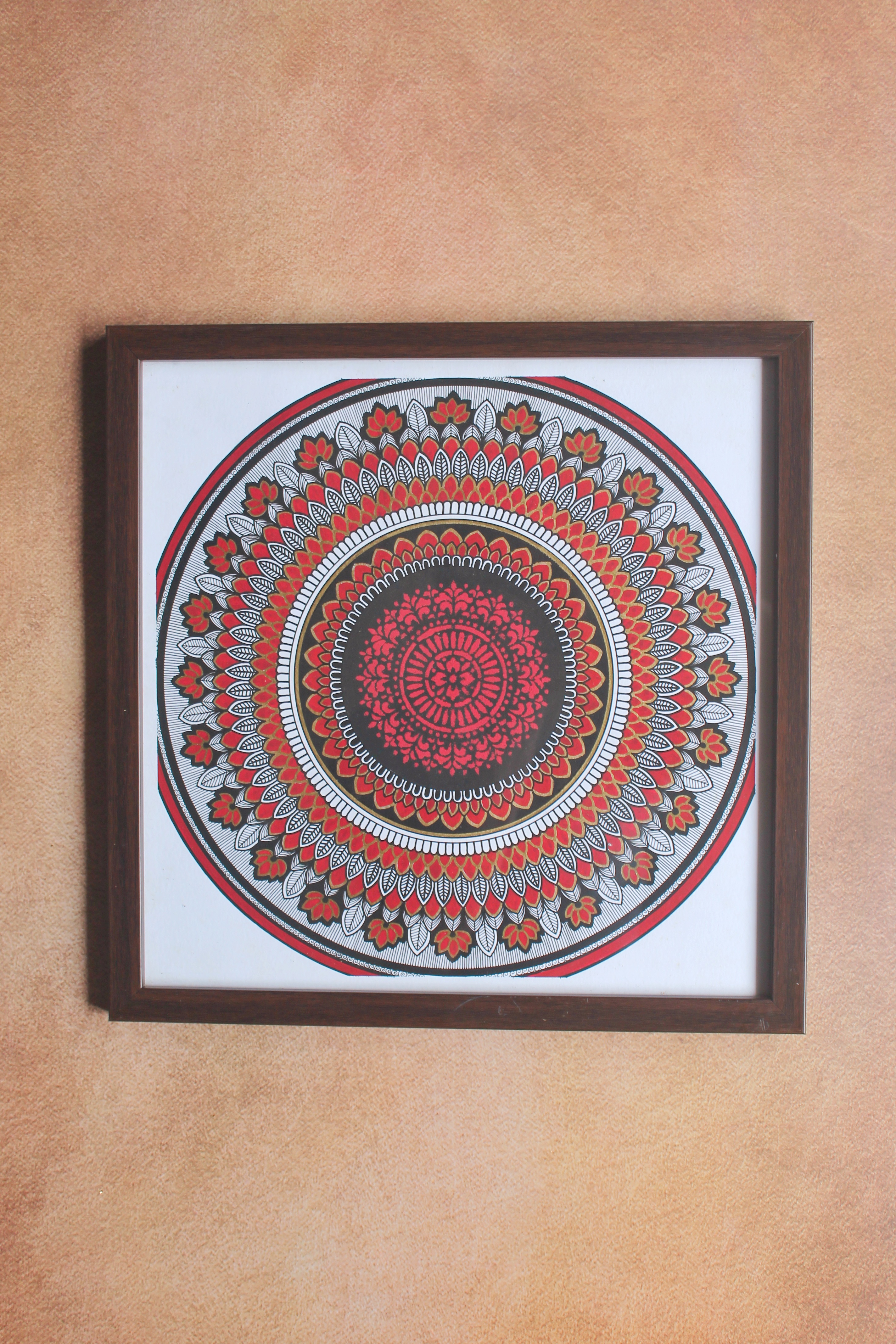 Red and gold hand-drawn framed floral mandala wall decor