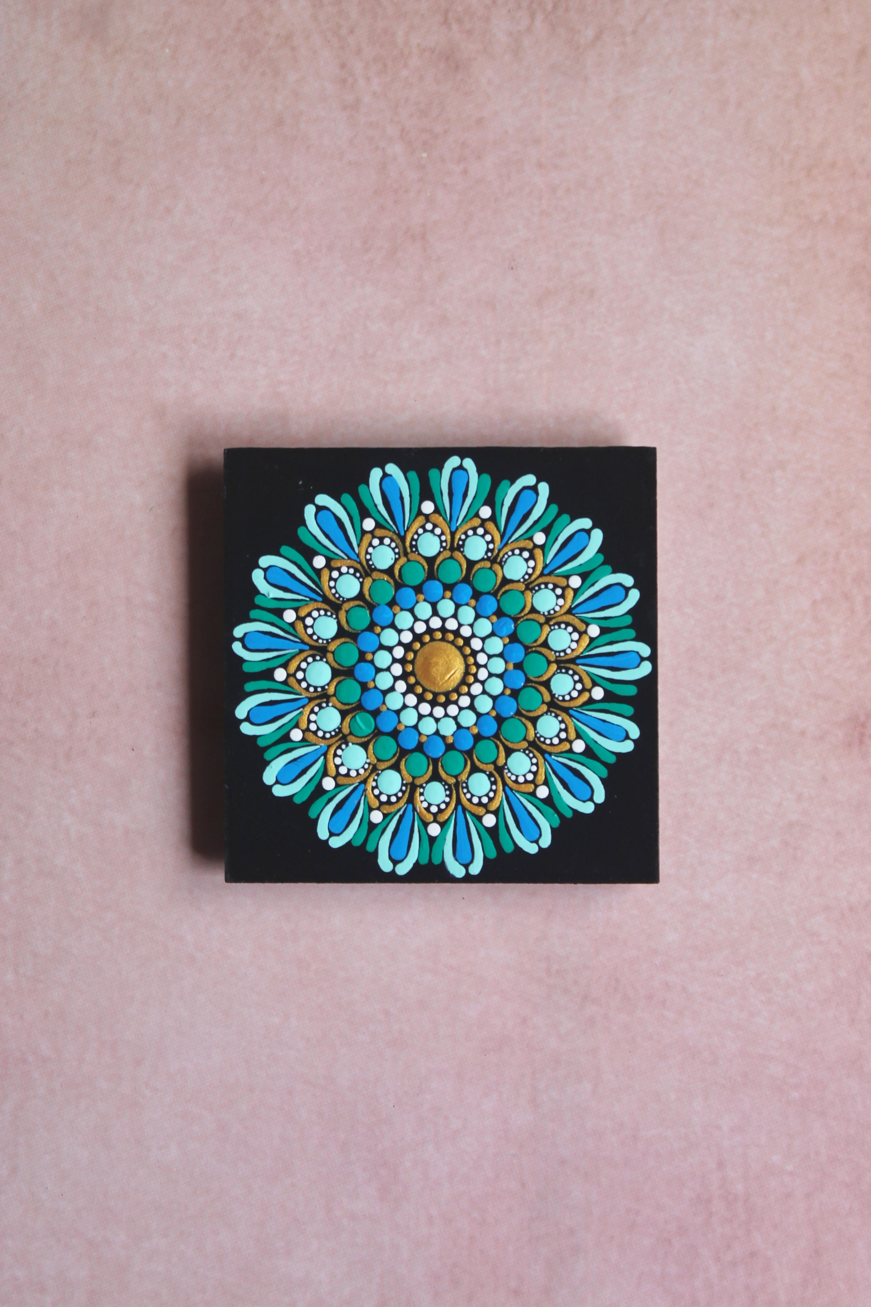 Teal floral hand-painted dot mandala square fridge magnet