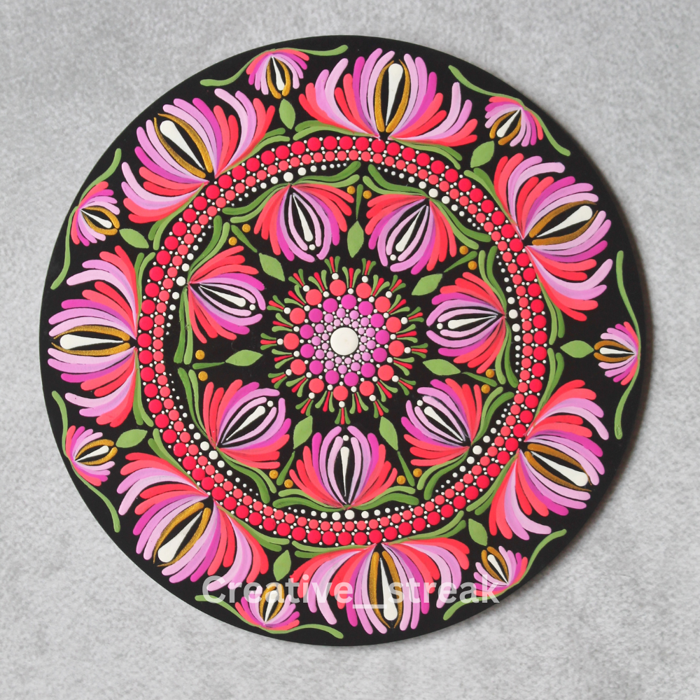 Pink Lotus Bloom hand-painted dot mandala table decor