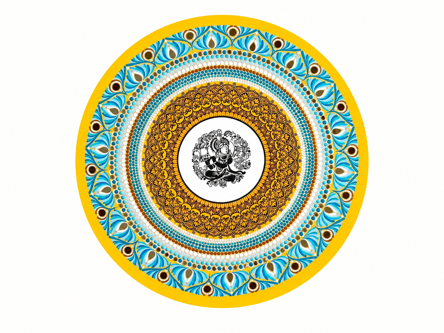 Hand-painted yellow and blue circular mandala artwork